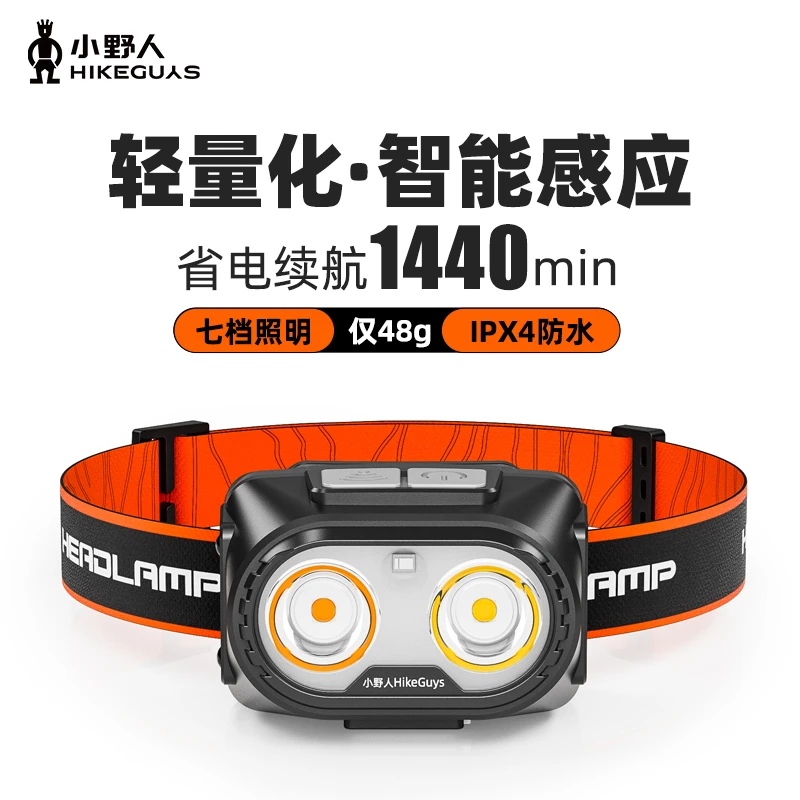 小野人【T030】白黄红三光源轻便小头灯钓鱼感应长续航应急维修达人