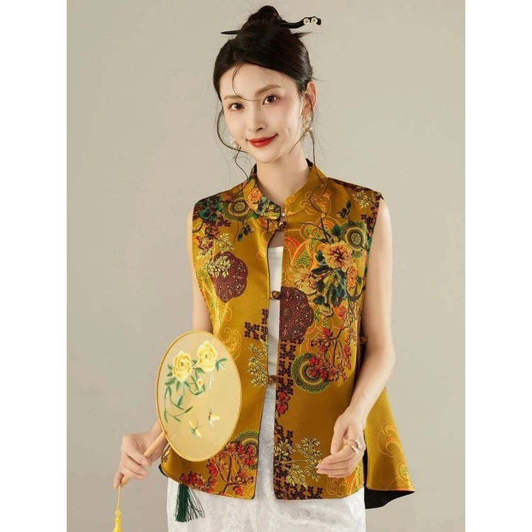 【双面双穿】新中式国风提花马甲女复古立领珠扣气质无袖马甲背心