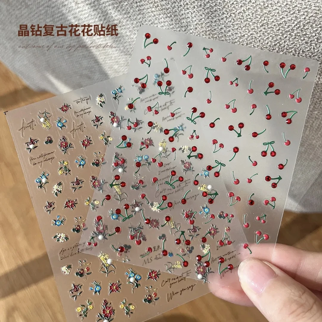 美甲浮雕日系复古玫瑰晶钻樱桃立体指甲装饰小图案贴纸饰品学生