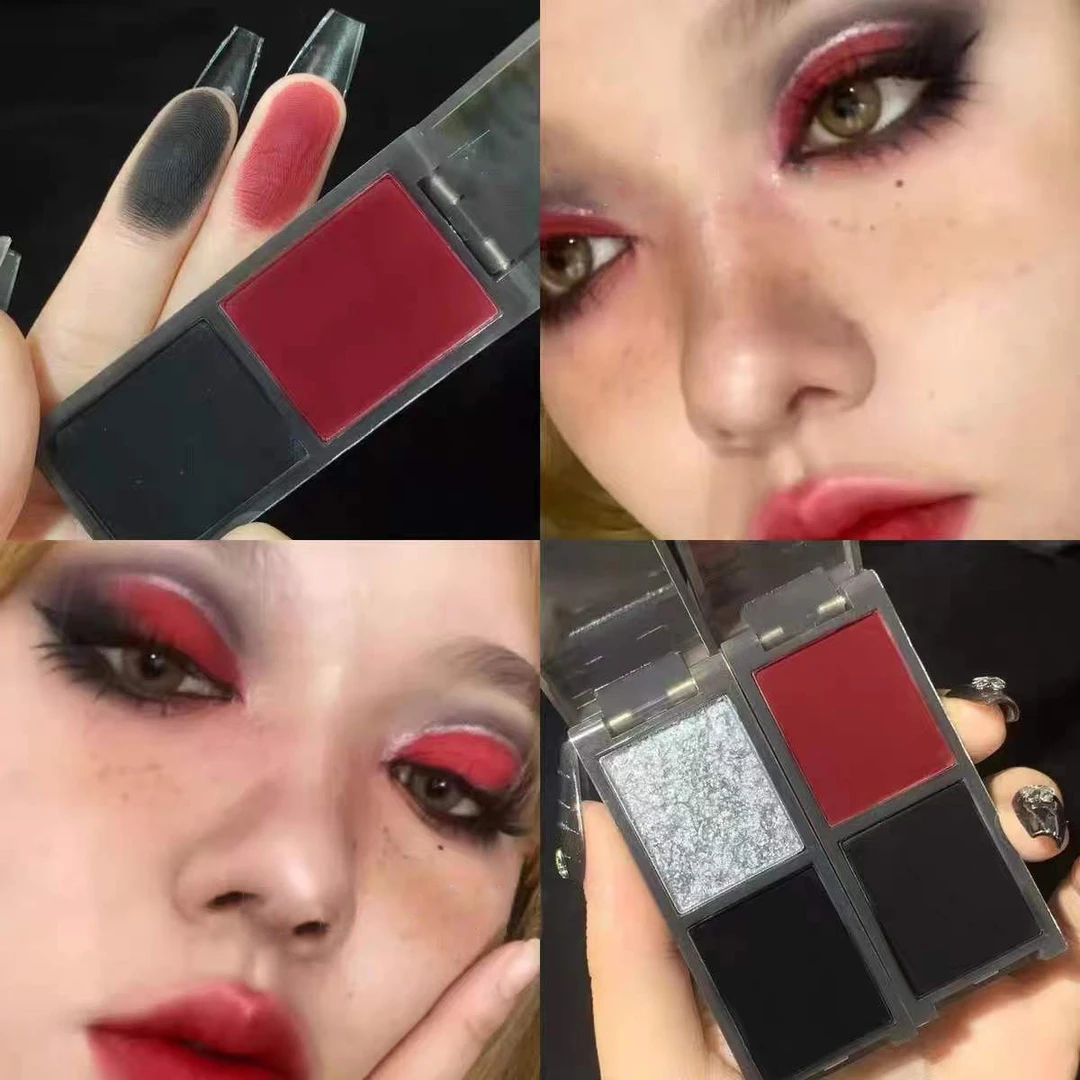 双色眼影盘黑色红色哥特风暗黑系cos眼妆哑光玩妆彩色珠光闪学生
