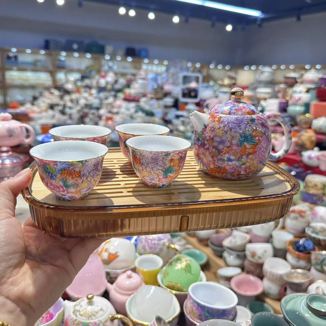 百花不落地一壶四杯带盘