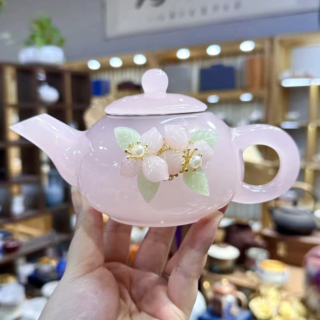镶花粉琉璃泡茶壶功夫茶具女ins风拈花泡茶器精美家用花茶壶