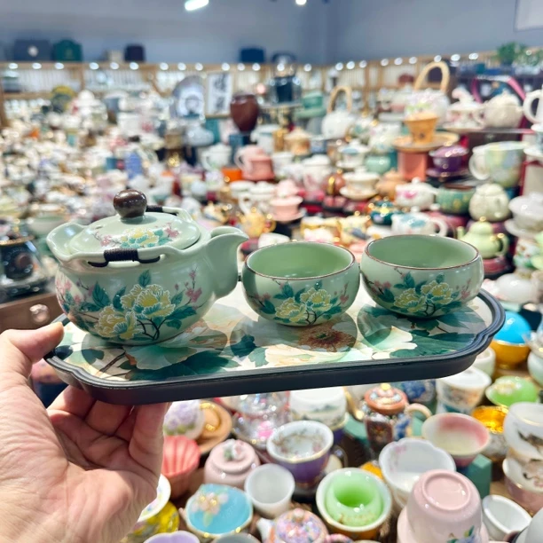 豆青汝窑芙蓉花手抓壶一壶二杯带茶盘