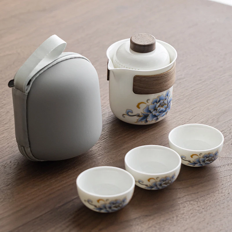 便携式功夫茶具一壶三杯陶瓷牡丹花羊脂玉瓷旅行茶壶茶杯套装户外