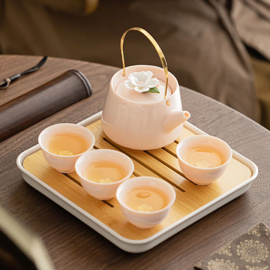 粉泥套装简约高档中式轻奢拈花茶壶茶杯提梁一壶四杯+白盘