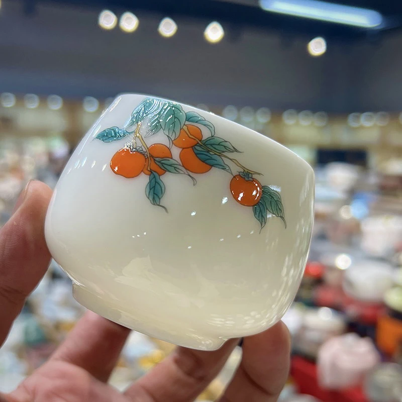 柿柿如意禅定杯陶瓷家用功夫茶具主人杯羊脂玉瓷茶杯