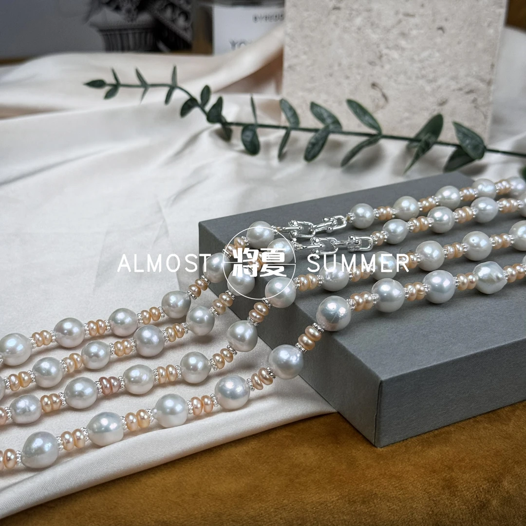 合金项链 【曼塔玫瑰】将夏-时尚气质10mm白珠5mm粉珠项链手链套组