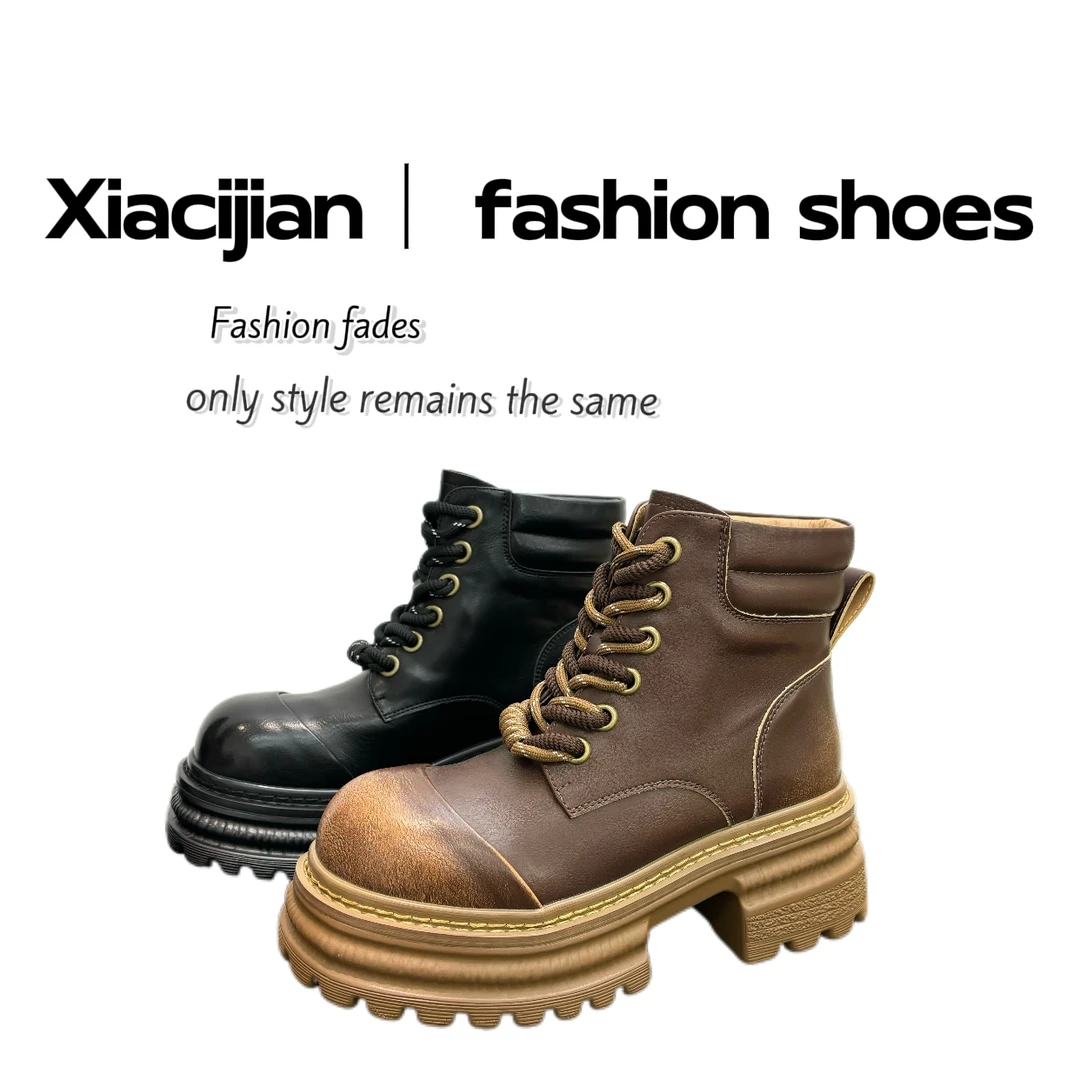 【飘飘】短靴“金元素”时尚百搭厚底秋短靴圆头休闲潮流系带-612-38