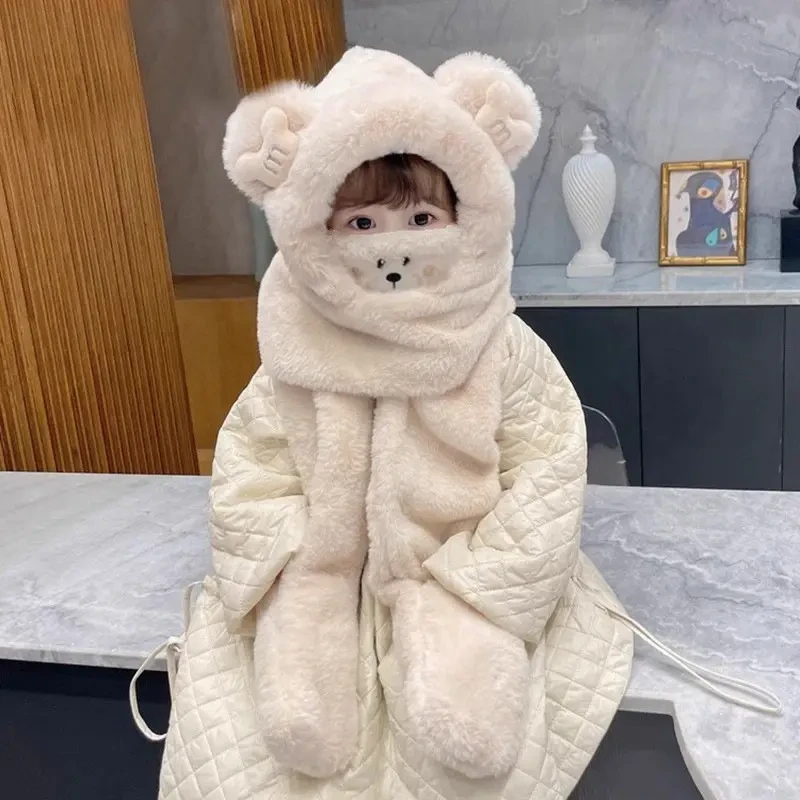 儿童帽子冬季保暖女童毛绒帽围巾一体帽新款挡风口罩手套男宝宝c1