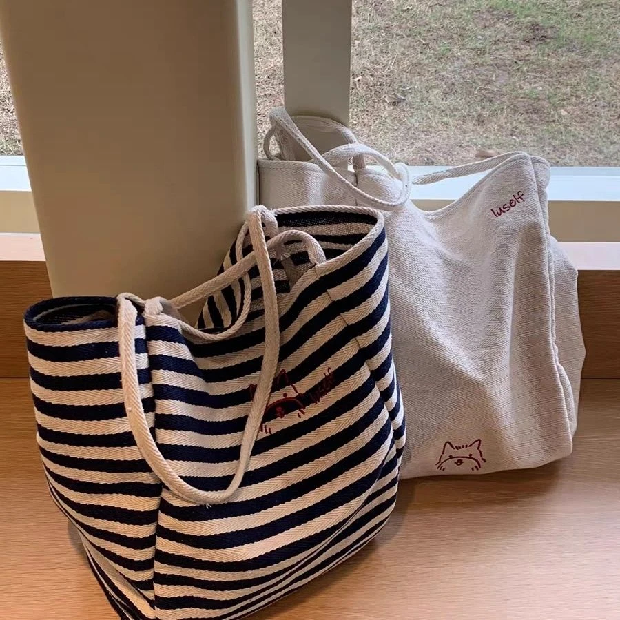 条纹帆布包“快乐小狗”小众刺绣大容量慵懒风托特包休闲购物布袋