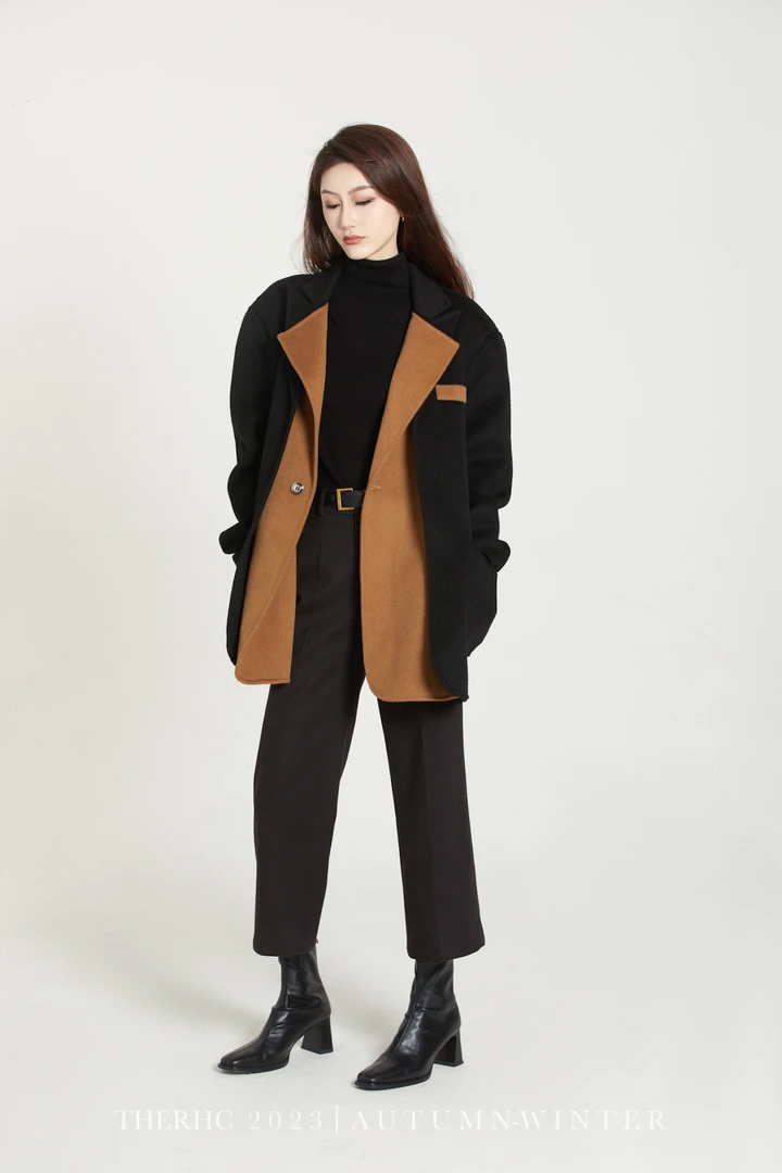 RACHEL 经典撞色假两件双面羊毛大衣双面呢大衣时尚休闲黑色宽松