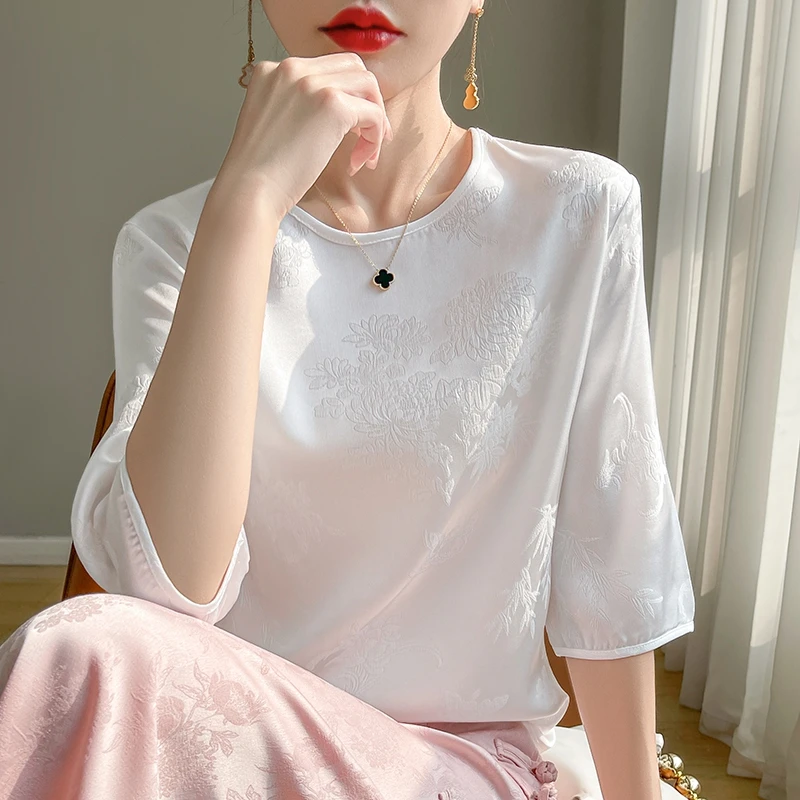 圆领七分袖重工缎面提花暗花气质百搭T恤宽松显瘦纯色打底女
