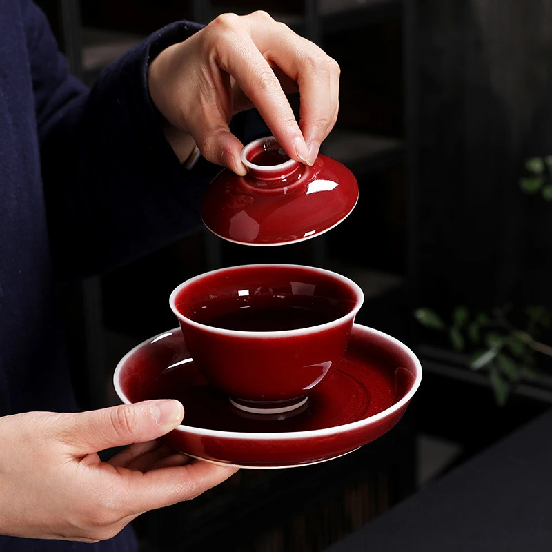 高端陶瓷郎红三才盖碗茶杯个人功夫茶复古风红色茶具绿茶泡茶碗