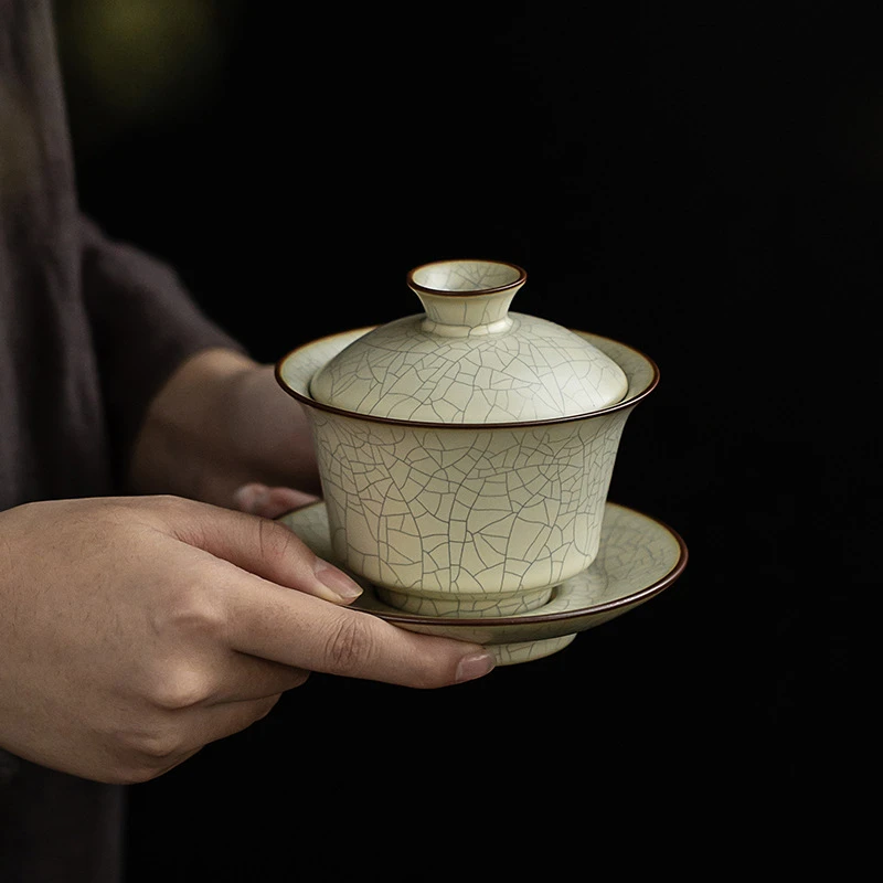 汝窑三才盖碗中式茶杯单个茶碗开片可养不烫手功夫茶具泡茶碗陶瓷