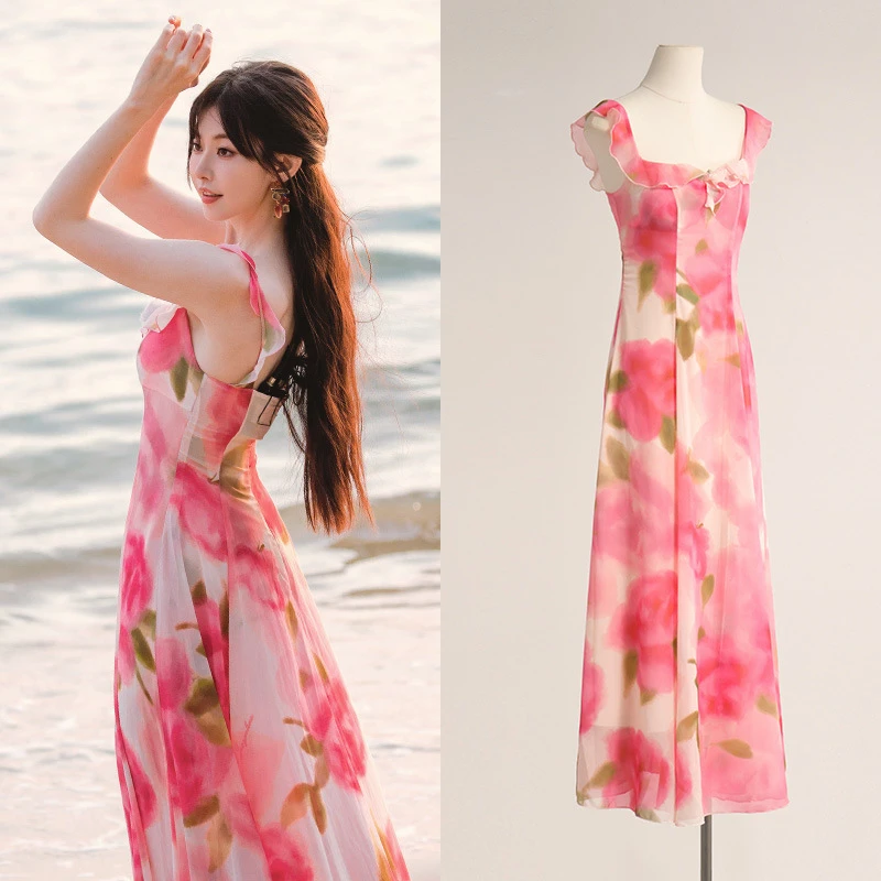 一枝南南同款雪纺印花连衣裙荷叶领高级感法式浪漫气质度假风长裙