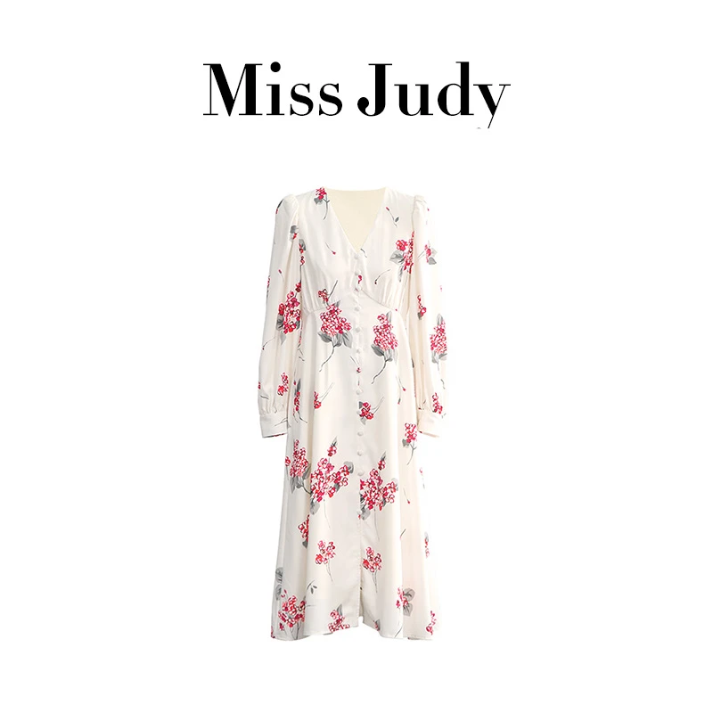 Miss Judy钟楚曦花色中长款法式度假印花长袖连衣裙夏季碎花裙子