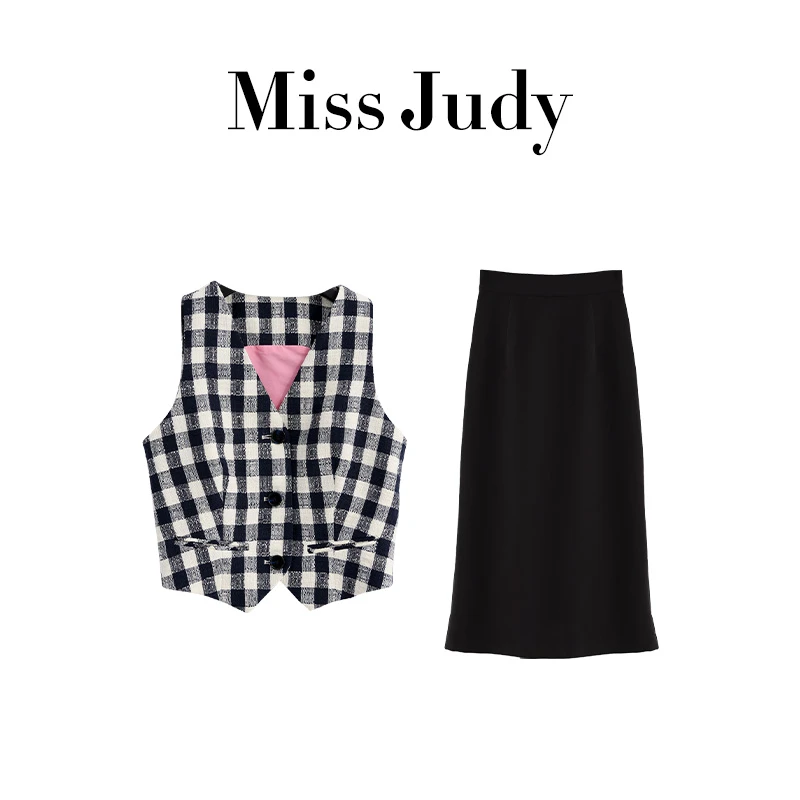 Miss Judy赵露思现货千鸟格背心马甲+黑色百搭中长款半身裙时尚女