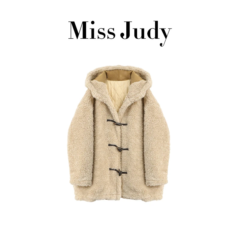 Miss Judy赵露思中长款休闲连帽毛毛外套牛角扣夹棉上衣冬女4694