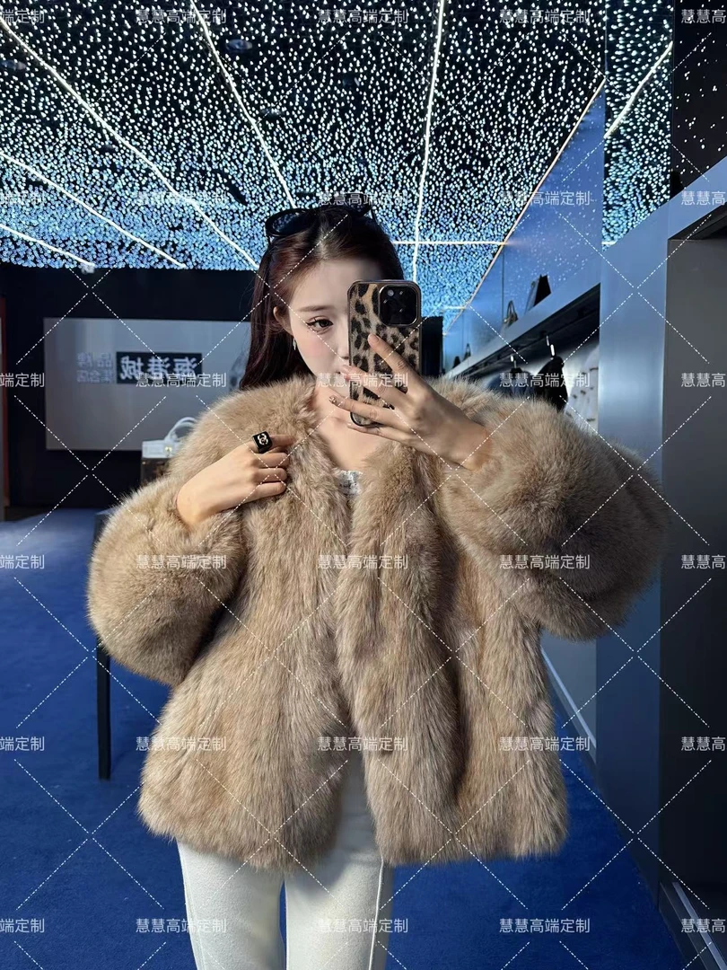 【慧慧】2024新款时尚百搭原创设计师毛毛外套 2336/欧貂/卡其色