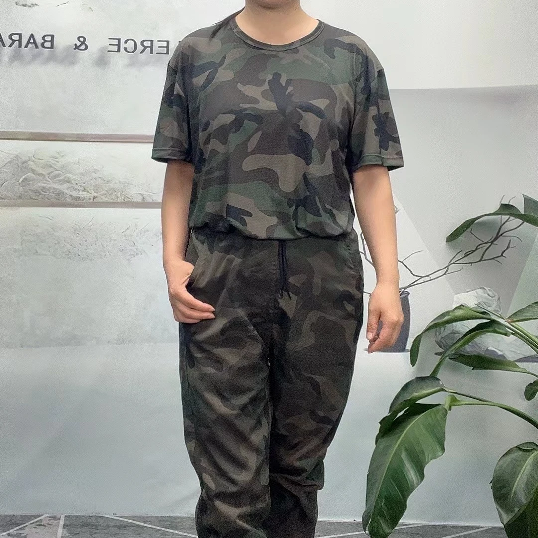 夏季冰丝弹力运动套装透气军训迷彩服休闲短袖长裤套装