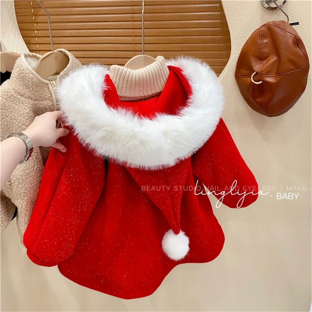 女童加绒斗篷呢子大衣2023年冬季儿童小女孩大毛领中长款风衣外套