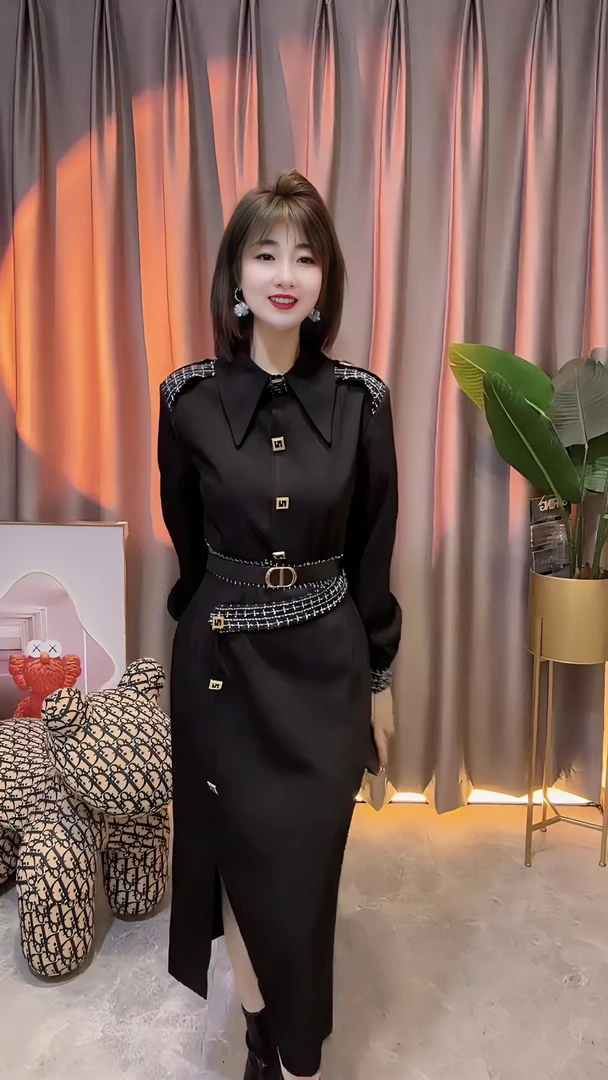 2023秋冬收腰新款连衣裙显瘦气质网红轻奢时尚法式设计师感9161