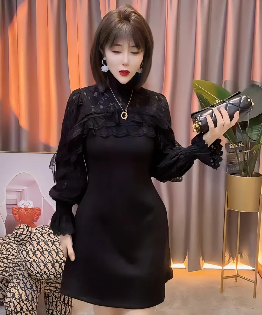 2023冬季新款蕾丝长袖打底气质显瘦时尚百搭黑色拼接提花连衣裙