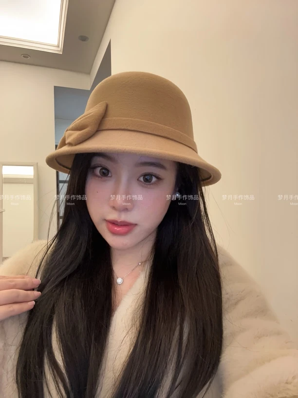 [梦月]赫本风大蝴蝶结款秋冬新年毛呢盆帽渔夫帽子时尚优雅气质帽