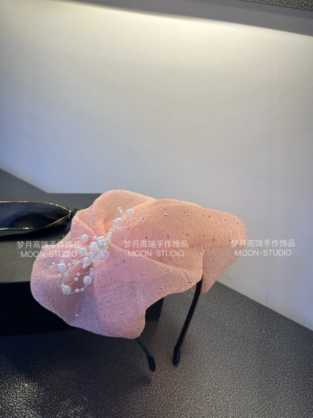 [梦月]碎钻云纱粉色气质轻奢复古休闲大气高贵气质时尚发箍发帽