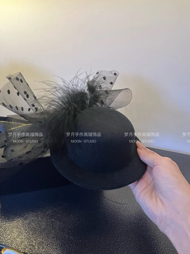 [梦月] 黑色小礼帽复古高级英伦头饰手工小发帽边夹装饰轻奢搭配