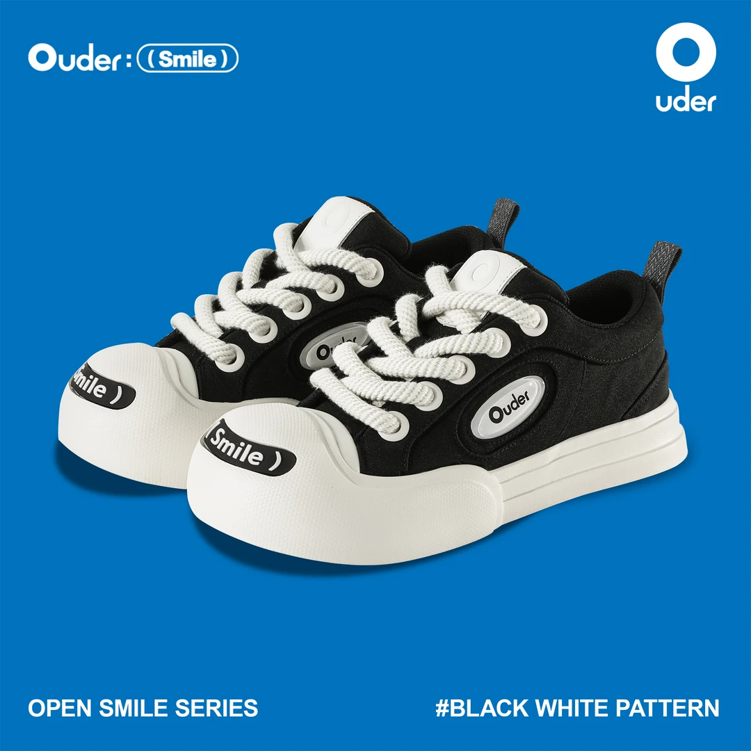 Ouder smiler开口笑帆布鞋夏季增高厚底丑萌圆头黑白板鞋大头款鞋