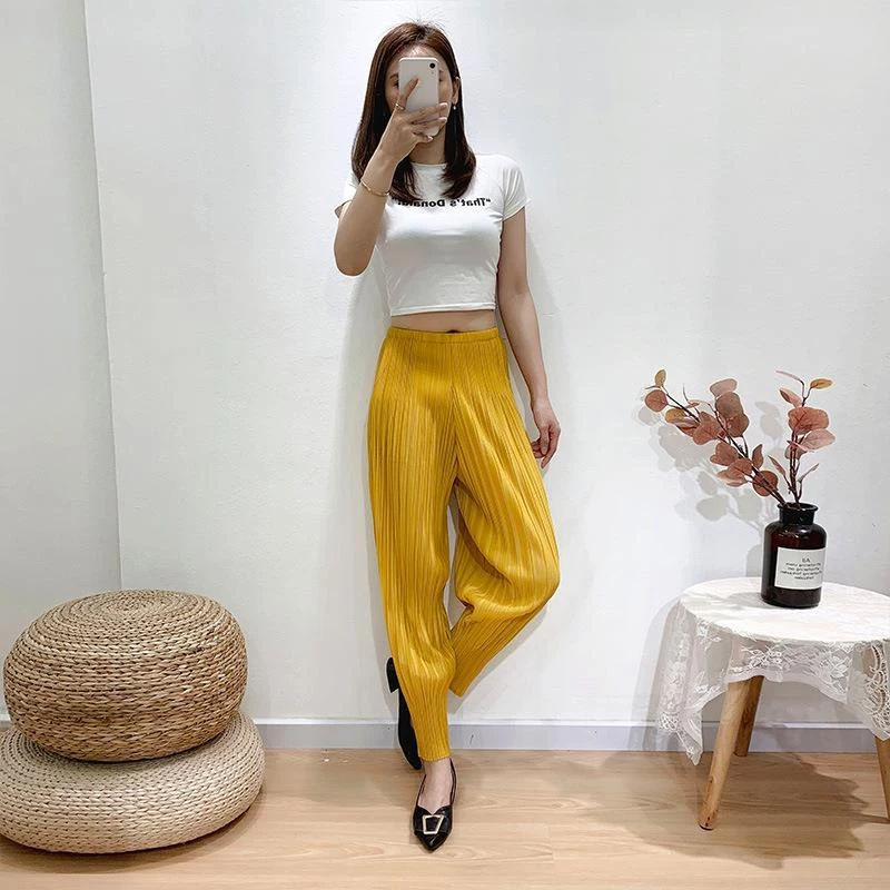 三宅2025夏季褶皱款宽松休闲哈伦裤子016#灯笼裤女九分薄款