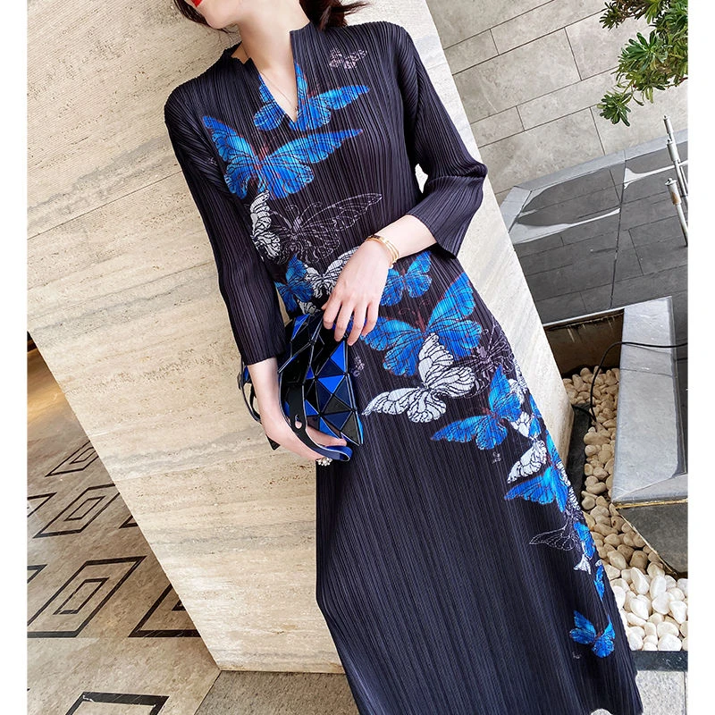 三宅褶皱长裙2024春季大码气质裙子设计感小众法式显瘦超仙连021#