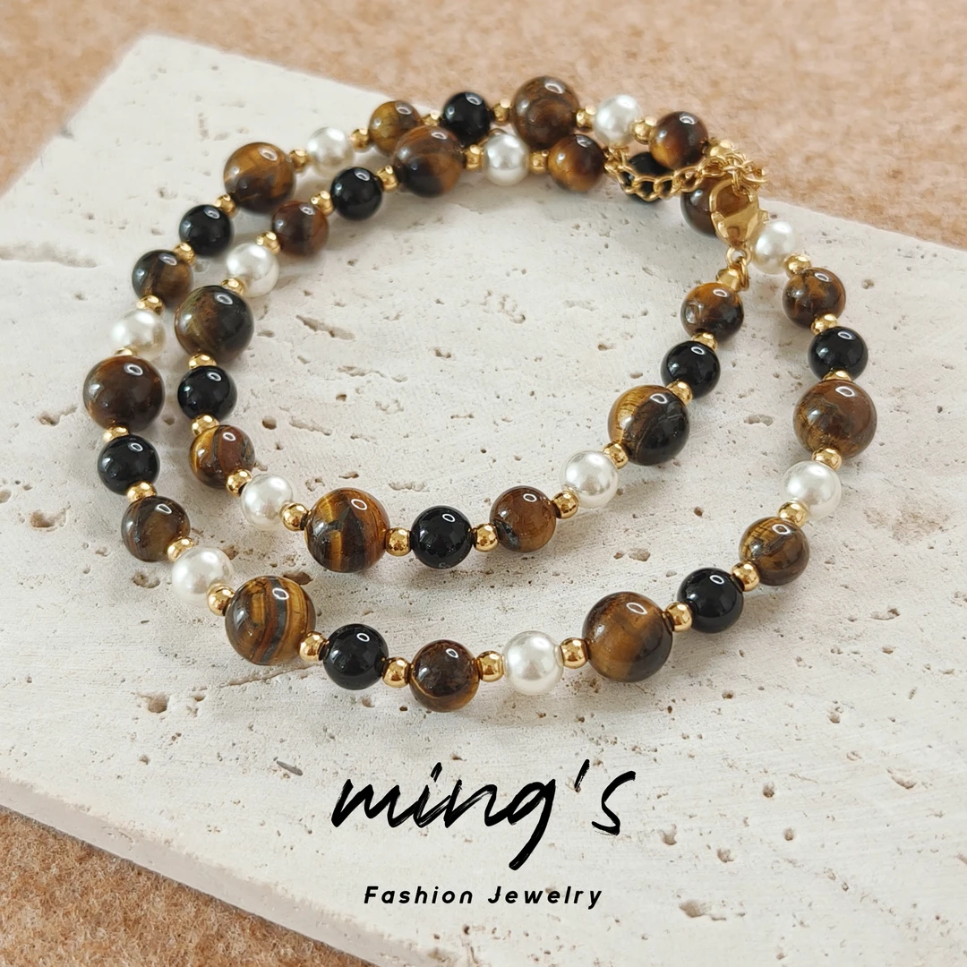 合金石英石项链 美拉德风虎眼项链吊坠拼接时尚轻奢手工小众素款