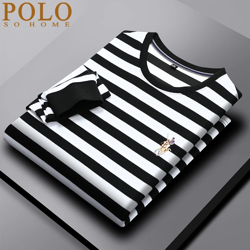 保罗长袖t恤男条纹春秋季中年大码圆领上衣小马标刺绣休闲衣服潮t