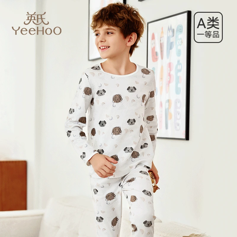 英氏儿童睡衣100%棉中大童家居服套装纯棉