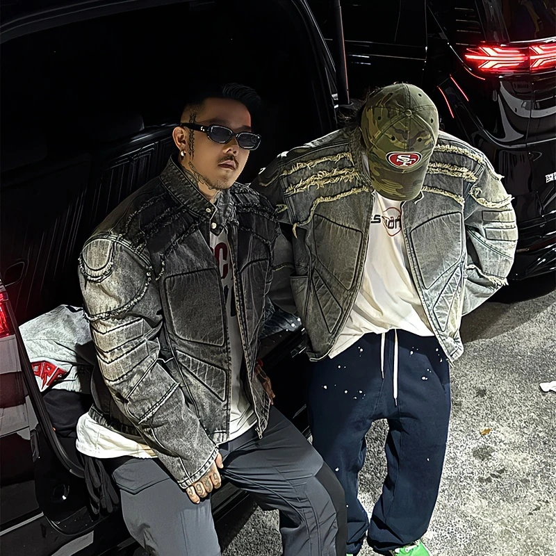 白鹤大人美式复古宽松重工水洗毛边牛仔外套铠甲男女款机车风夹克