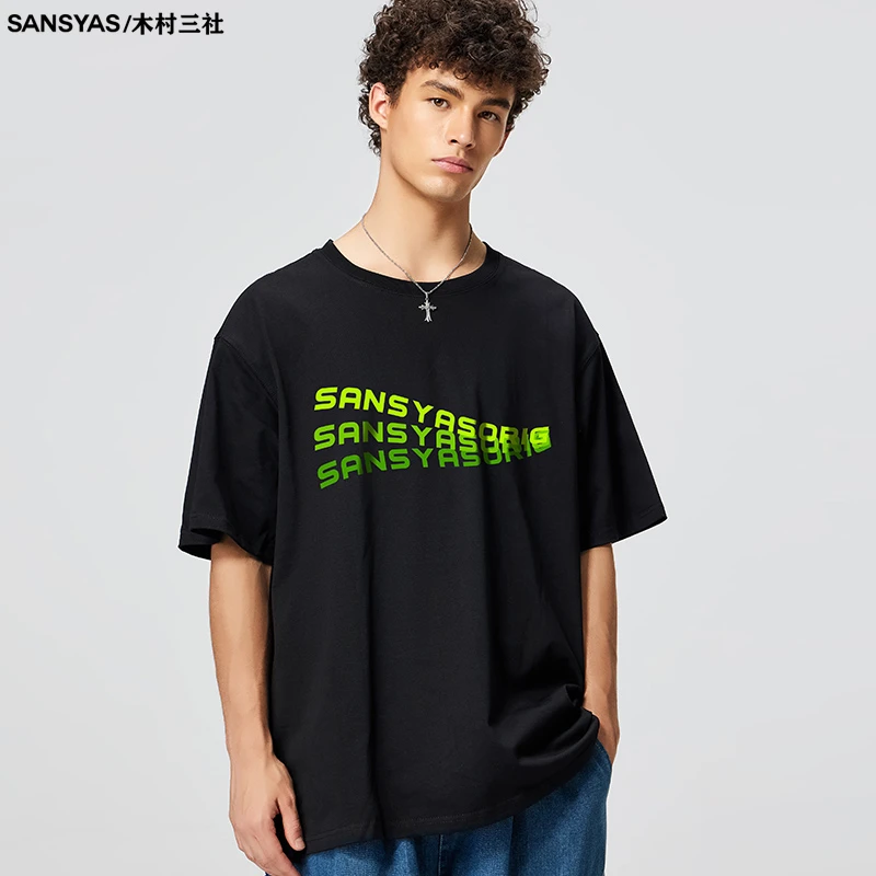 木村三社SANSYAS字母印花波浪短袖t恤男ins潮牌宽松夏季纯棉t恤衫