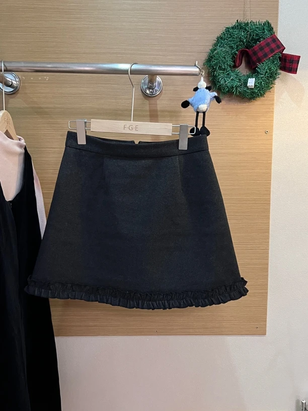 F·【花边裙】秋冬毛呢显瘦温柔甜系百搭A版压褶花边半身裙