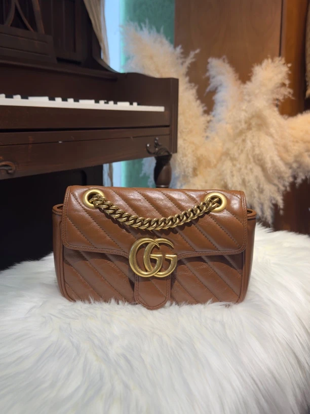 99新 GUCCI/古驰 经典马蒙 marmont焦糖色单肩包22小号【士多梨】