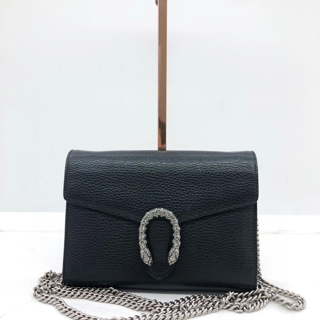 95新 GUCCI/古驰 97新/全皮黑银荔枝纹钻扣酒神链条包/公价13800