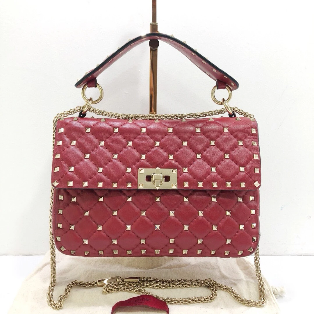 95新 Valentino/华伦天奴 皮红金菱格外缝线铆钉链条包/公价22800