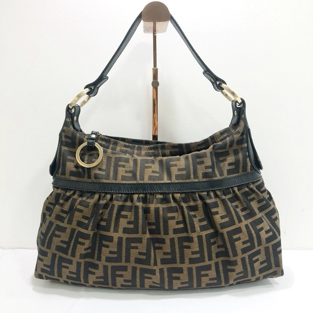 95新 FENDI/芬迪 棕色双F老花帆布拼皮手提单肩腋下包/公价15800