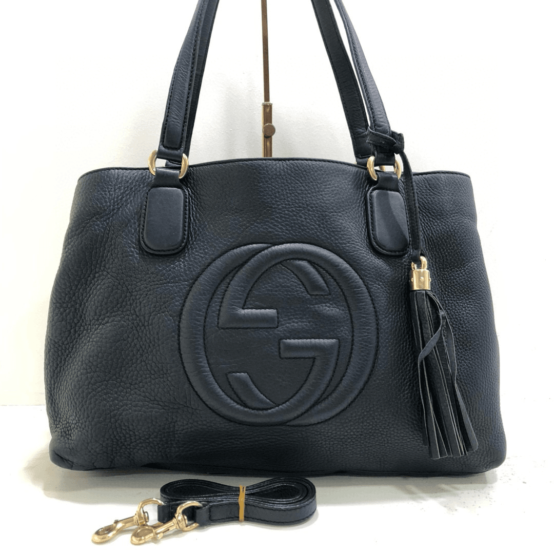 95新 GUCCI/古驰 藏蓝色全皮荔枝纹soho手提单肩托特包/公价19800