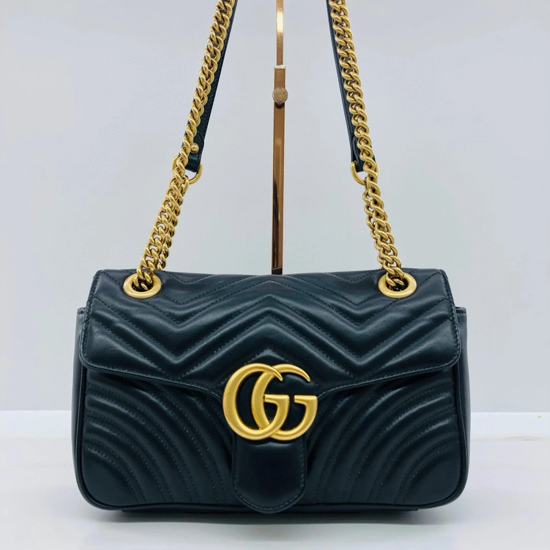95新 GUCCI/古驰 97新/全皮黑金马尔蒙26链条包/公价19500