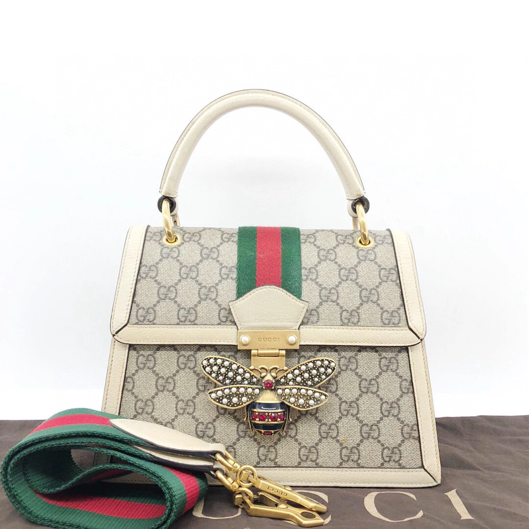 95新 GUCCI/古驰 97新/老花拼皮珍珠蜜蜂玛格丽特斜挎包公价23800