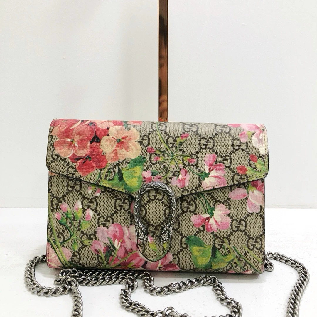 95新 GUCCI/古驰 老花花卉链条包单肩斜挎包/公价13800