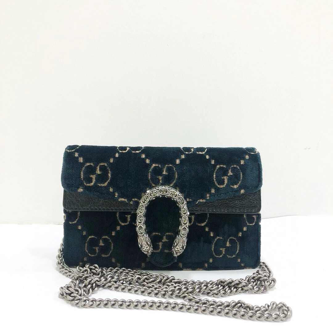 95新 GUCCI/古驰 双G老花丝绒拼皮mini 钻扣酒神链条包/公价11800