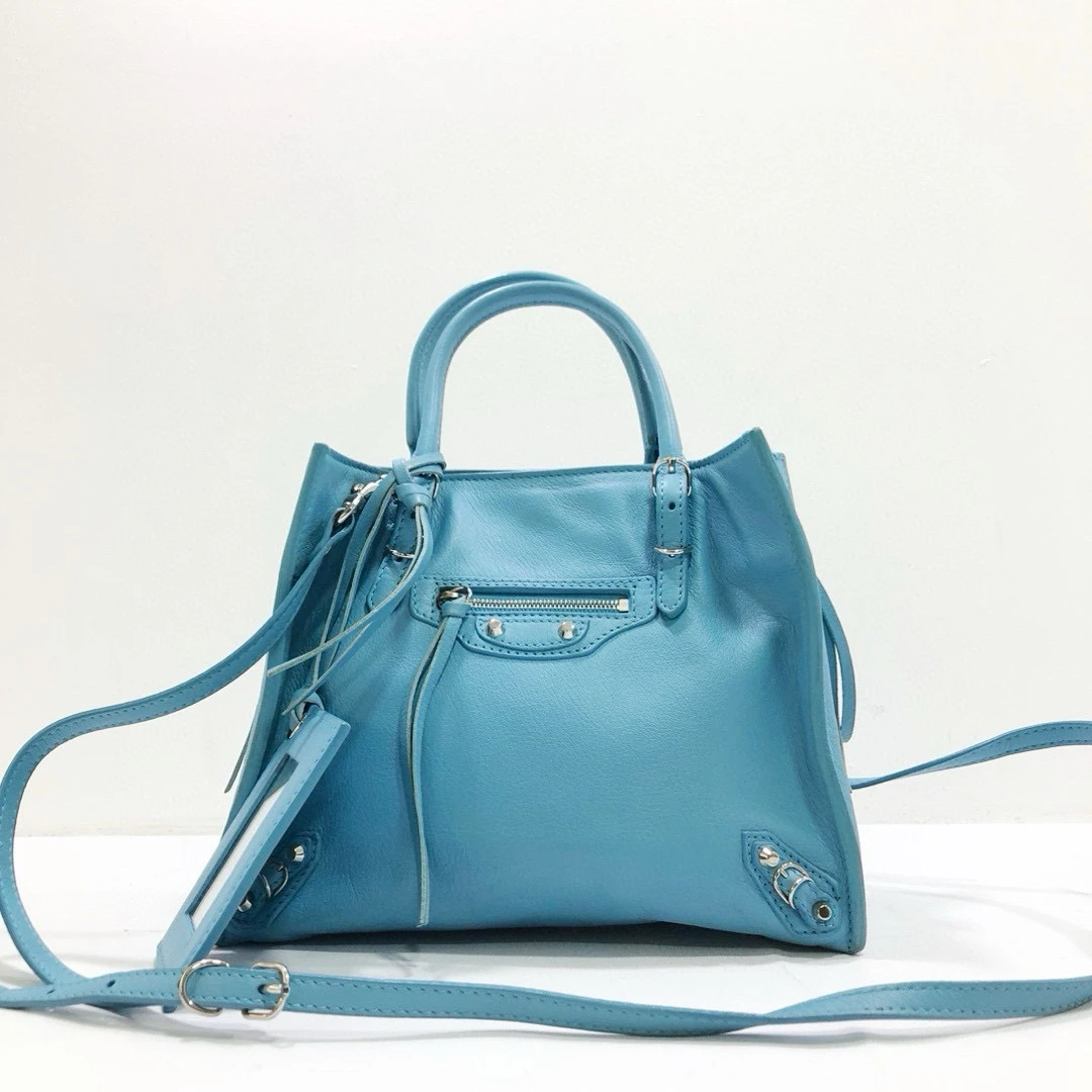 95新 Balenciaga/巴黎世家 全皮湖水蓝机车流苏托特包/公价15800