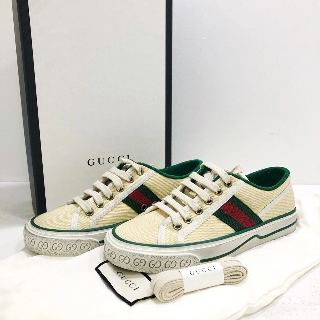 全新未使用 GUCCI/古驰 米黄色帆布拼红绿条板鞋休闲鞋225码